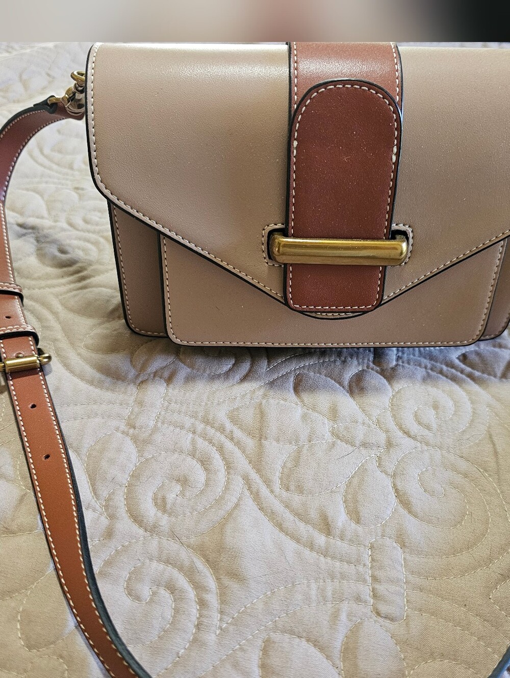 Bolvaint Two-Tone Cream and Brown Layered Shoulder Bag with Gold Accent